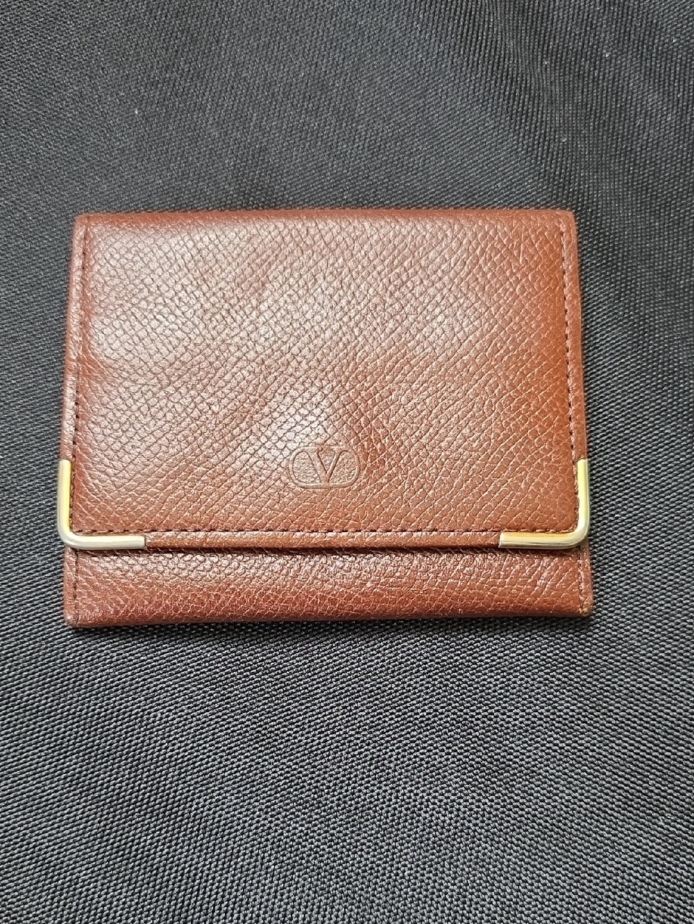 Valentino Garavani Brown Leather Bifold Wallet with Corner Metal Accents